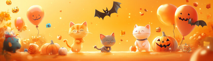Obraz premium Halloween-themed scene with cheerful cartoon cats and Halloween decorations