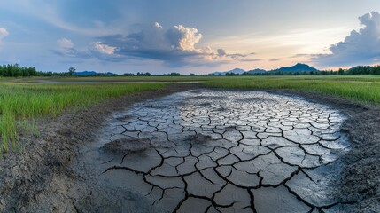 A stunning landscape reveals a parched marsh with cracked earth under a colorful sky