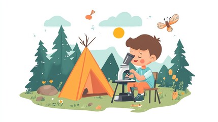 Naklejka premium Boy examining nature through a microscope near a camping tent.