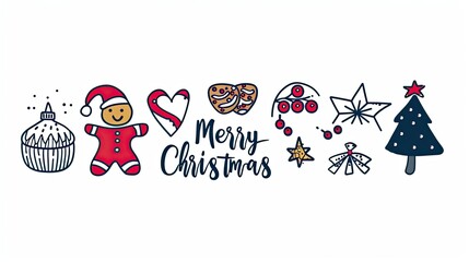 Fototapeta premium Set of Christmas icons, line art style vector illustration with the inscription 
