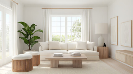 A bright and airy living room featuring modern sofa, wooden coffee table, and stylish decor. large windows allow natural light to fill space, creating serene atmosphere