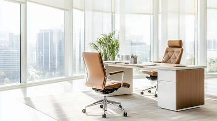 Fototapeta premium A modern office interior featuring stylish brown leather chairs and sleek white desk. large windows provide bright, airy atmosphere with view of city skyline, creating productive and inspiring workspa