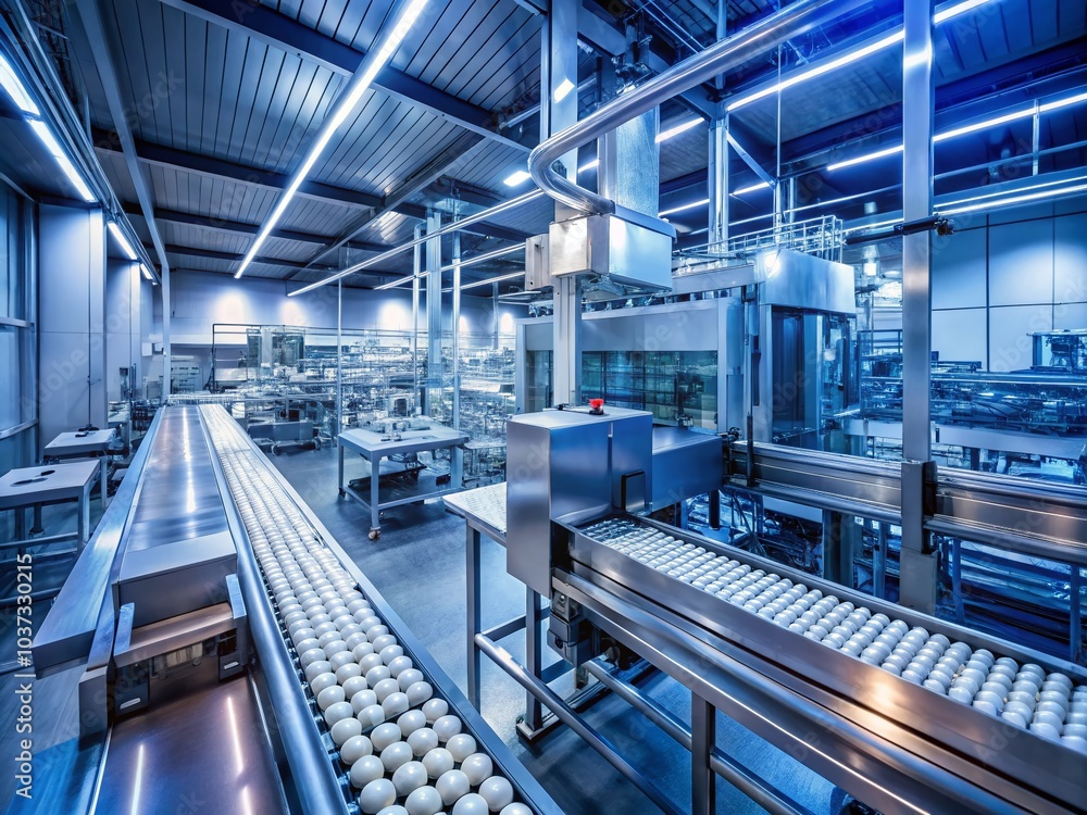Poster modern pharmaceutical factory with high-tech conveyor system in low light setting for efficient drug