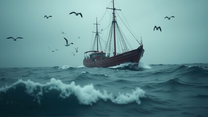 Obraz premium Generative, AI, fishing boat on tumultuous sea under stormy skies, surrounded by flying seagulls.