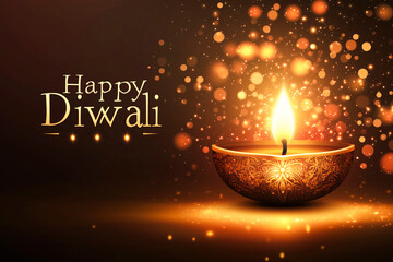 Lit lamp with glowing lights in the background and the text "Happy Diwali." Copy space. Festive background for celebrating Diwali.
