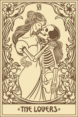 The lovers. Tarot card in art nouveau style. Skeletons hugging. Vector illustration