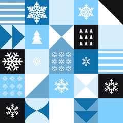Modern stylized winter geometric vector pattern. Neo geo style design, abstract elements, winter and the cold season with motifs of snowflakes and Christmas trees. New Year and Christmas illustration