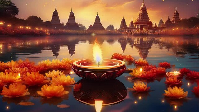 Happy Diwali Indian Temple on a Religious Festival Diwali. Oil Lamp animation in the river with orange lotus flowers 