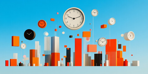 Time is represented in vibrant cityscape with clocks floating among colorful geometric shapes, symbolizing passage of time in modern urban environment