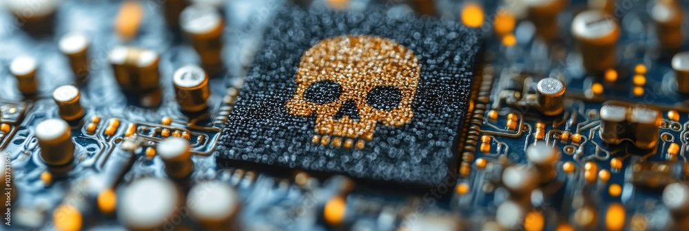 Poster the close-up reveals a computer chip adorned with a skull design, symbolizing cyber themes in techno
