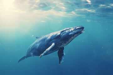 Fototapeta premium This stunning marine encounter features a humpback whale swimming peacefully under the surface of clear blue water, embodying the beauty of ocean life