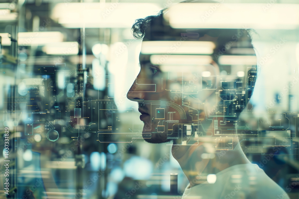 Poster a focused engineer studies intricate electronic circuits in a modern lab, illuminated by artificial 