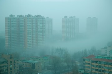 Obraz premium Foggy cityscape view of high-rise buildings shrouded in mist during early morning hours