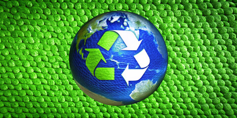 A globe with a prominent recycling symbol overlays a textured green background, emphasizing environmental protection. Emphasizing the themes of sustainability and global responsibility. AI generated.