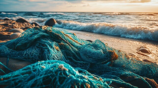 Tangled fishing nets litter the beach highlighting the pollution causing harm to nature