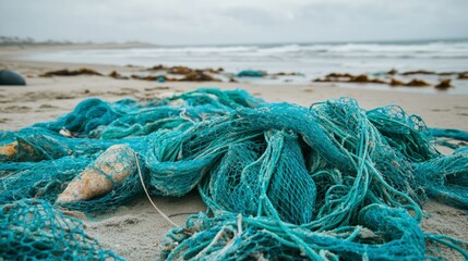 Tangled fishing nets lay on a polluted beach highlighting environmental degradation and waste