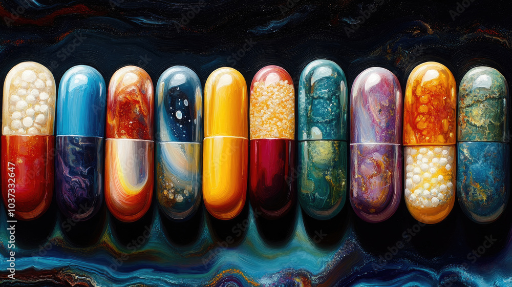 Poster a striking display of multicolored capsules laid out in a neat row, featuring unique patterns agains
