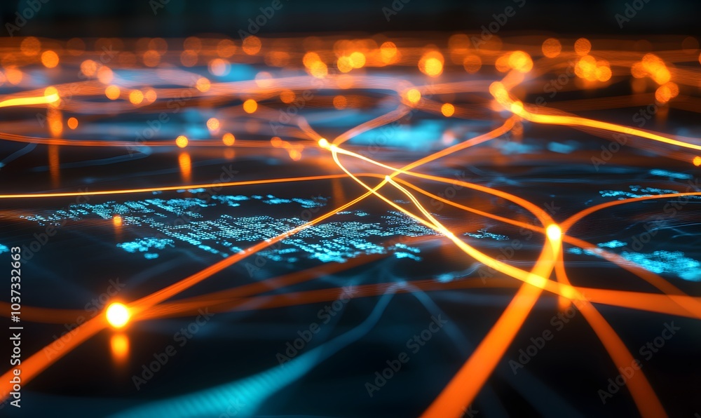 Poster a vibrant digital landscape showcasing interconnected lines and nodes, depicting a network of data f
