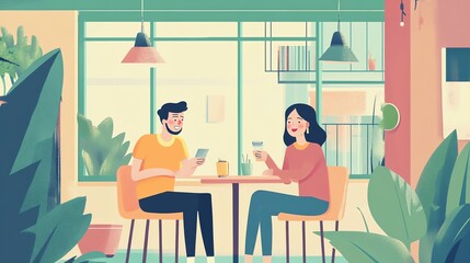 Couple enjoying drinks in a cozy cafe surrounded by lush indoor plants.