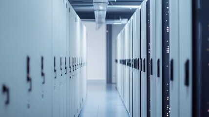 A modern blockchain data center, secure facility with rows of specialized servers, Secure style