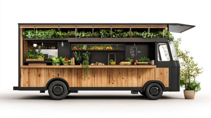 Modern food truck with eco-friendly materials, displayed on a white background.