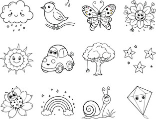 Cute Coloring Page With Nature And Vehicles
