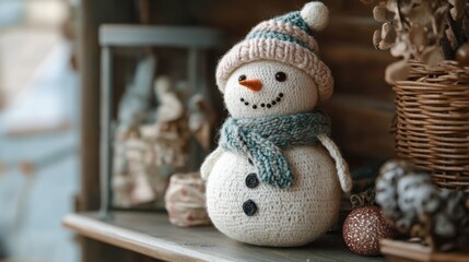 Obraz premium Handcrafted snowman with knitted hat and scarf in cozy christmas decor setting