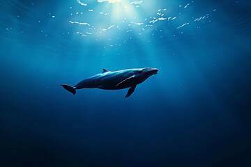 Obraz premium A whale swims effortlessly in the deep ocean, illuminated by sunlight filtering through the water's surface, showcasing its grace and majesty