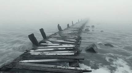 A dilapidated pier stretches into foggy waters showcasing natures raw power and beauty