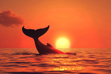As the sun sets over the ocean horizon, a whale emerges from the water, creating a majestic splash as its tail arcs high into the air, silhouetted by the glowing sky