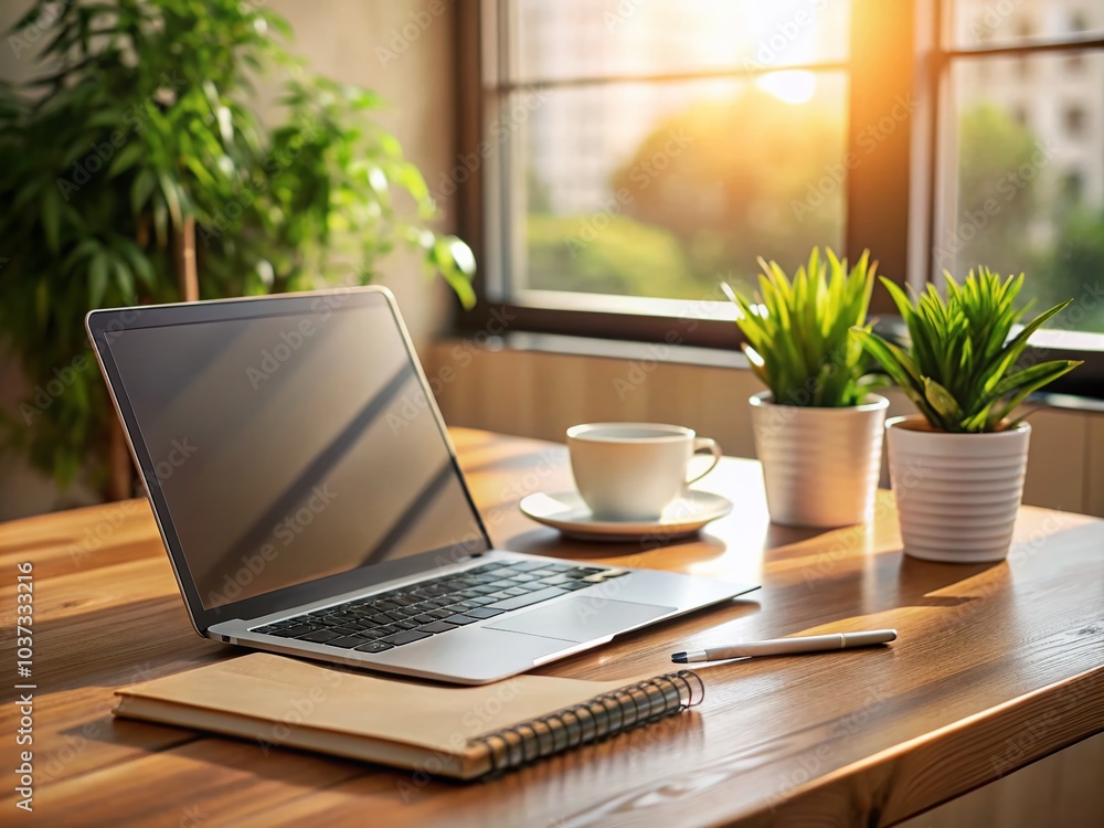Aufkleber modern workspace with laptop and notepad for productivity enhancement