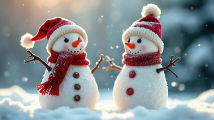 Fototapeta premium Whimsical, festive winter scene, featuring two cute snowman with colorful hats and scarves, standing on soft snow in a magical winter wonderland