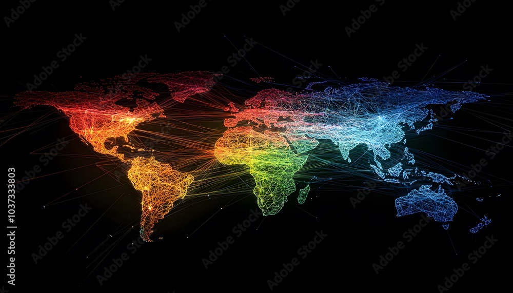 Poster A vibrant, digital map of the world illuminated with rainbow colors against a dark background, representing global connectivity and diversity.