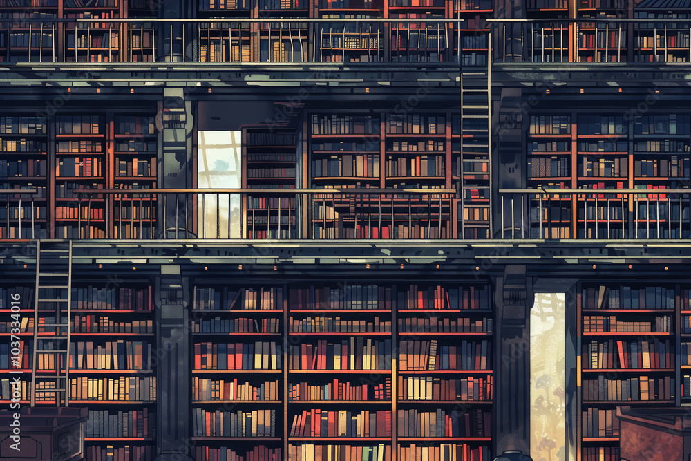 Aufkleber endless rows of neatly arranged books fill towering shelves, with ladders providing access to the hi