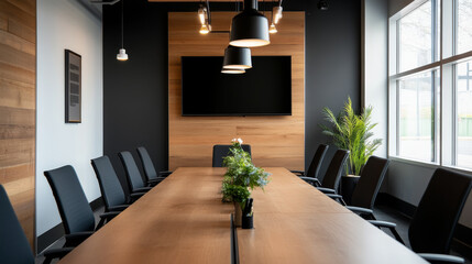 Fototapeta premium A modern conference room featuring long wooden table, black chairs, and large screen on wall. space is well lit with stylish pendant lights and has touch of greenery, creating professional atmosphere