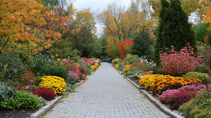 Naklejka premium A picturesque pathway lined with colorful flowering shrubs, inviting visitors to explore the garden further.