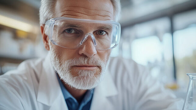 Close-up portrait of confident elderly male scientist conducting an experiment