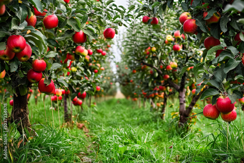 Aufkleber tree full of red apples with raindrops on them. the apples are ripe and ready to be picked