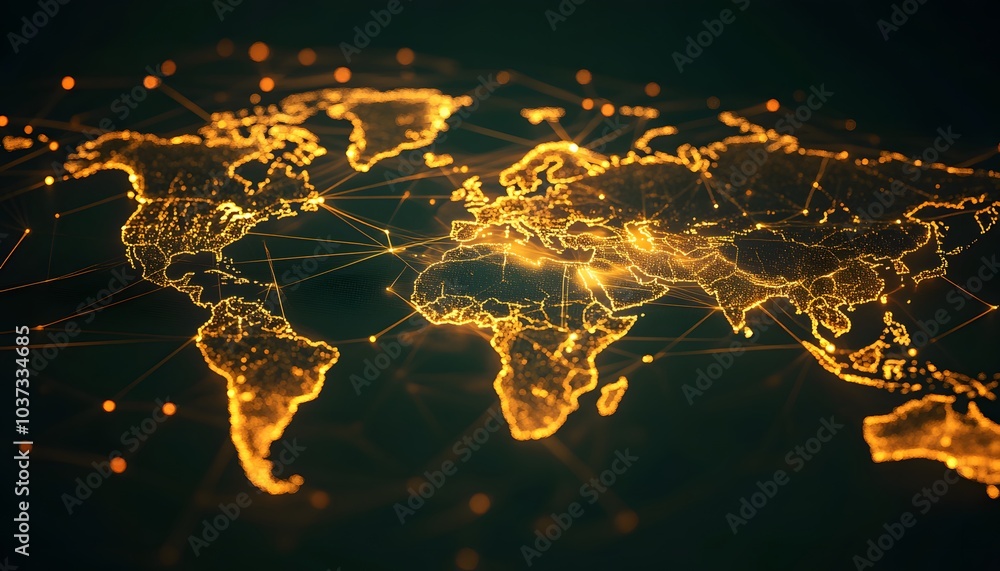 Aufkleber A glowing, digital representation of a world map illuminated with golden lights against a dark background.