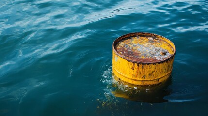 An old oil drum floats in calm waters showing signs of neglect and environmental change