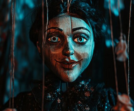 A wooden puppet being controlled by hand on strings, a stock photo with a simple composition and feminine sensibilities, set against a dark blue background