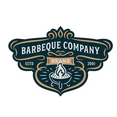 Naklejka premium Barbecue company logo badge design. Grill barbecue icon. BBQ illustration. Simple emblem with replaceable text.