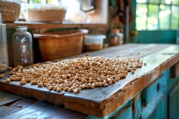 Scattered grains on a rustic wooden table inside a sunlit vibrant kitchen during a warm afternoon