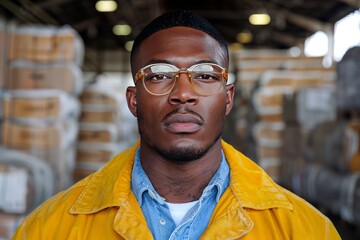 Fototapeta premium Confident young man wearing yellow jacket and glasses stands in a warehouse surrounded by boxes during the daytime