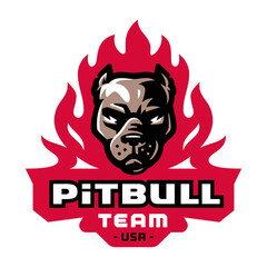 Angry pit bull face logo design. Furious pitbull muzzle icon. American bully badge emblem. Fierce dog sport team mascot illustration.