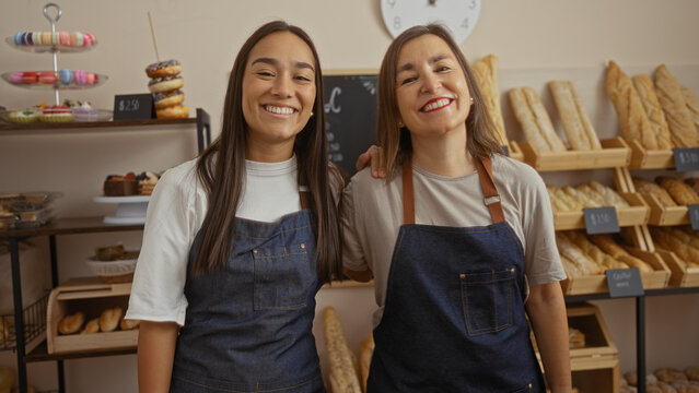 Two women bakers smiling together in a bakery shop interior, showcasing various baked goods on shelves behind them, wearing aprons and posing happily in the indoor setting.