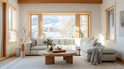 A cozy living room features modern sectional sofa, round wooden coffee table, and large windows showcasing snowy landscape. warm tones and natural light create serene atmosphere