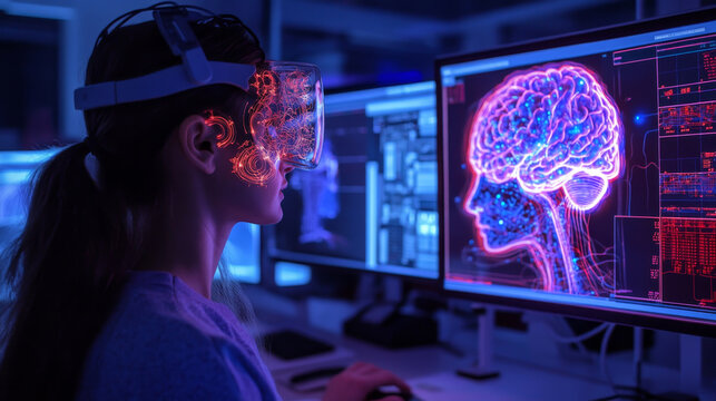 Immersed in virtual world, woman wears VR headset while interacting with digital brain visualization on multiple screens. scene captures fusion of technology and neuroscience, evoking curiosity and in