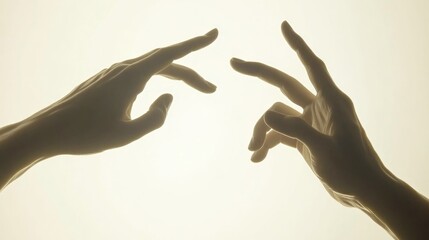 Two hands reaching towards each other in a soft light. The hands are silhouetted against a white background.