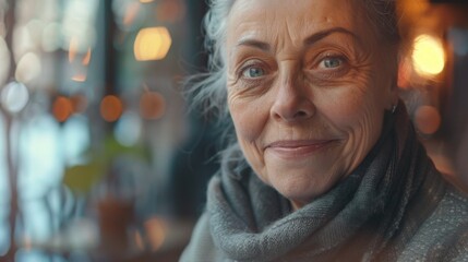 Fototapeta premium A woman with gray hair and a scarf around her neck is smiling